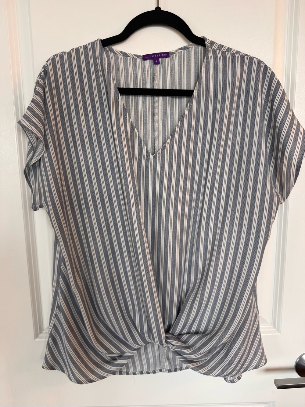 West Kei Blue and White Vertical Stripe Twist-Front Blouse